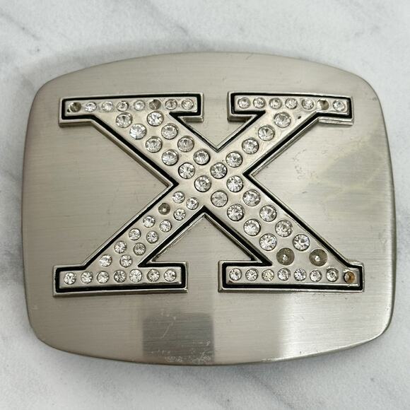 Rhinestone X Letter Initial Monogram Silver Tone Belt Buckle ✨ - Picture 1 of 8
